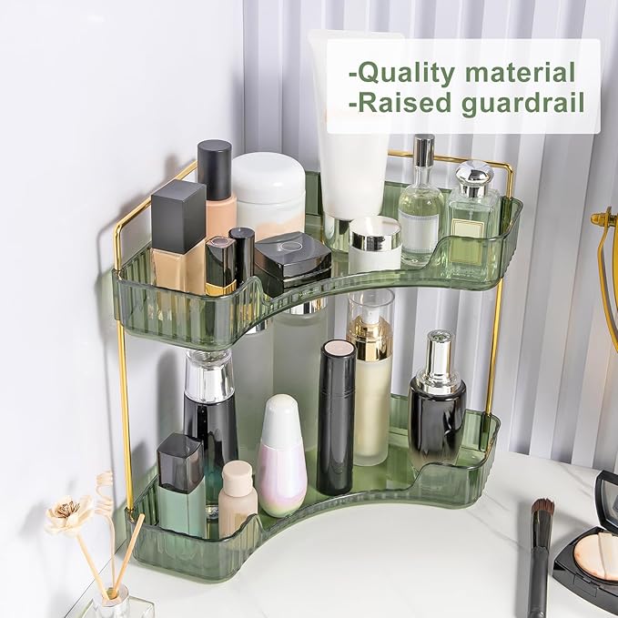 INVSSENE Corner Bathroom Countertop Organizer, Vanity Trays for Counter, Makeup Organizers, Perfume Tray, Kitchen Spice Rack, (Green, 2 Tiers)