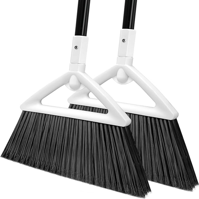 Heavy Duty Angle Broom 2 Pack - White Broom for Outdoor & Indoor, Garage, Driveway, Sidewalk, Kitchen & More, Long Handle