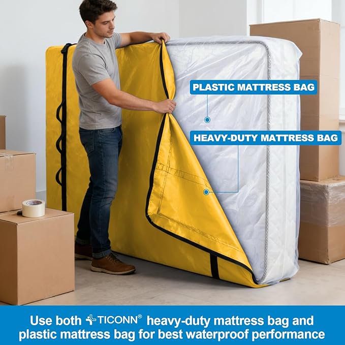 TICONN Mattress Bags for Moving, Heavy Duty Queen Mattress Cover Storage Bag with Full-Around Handle and Adjustable Buckles (Yellow, Queen)