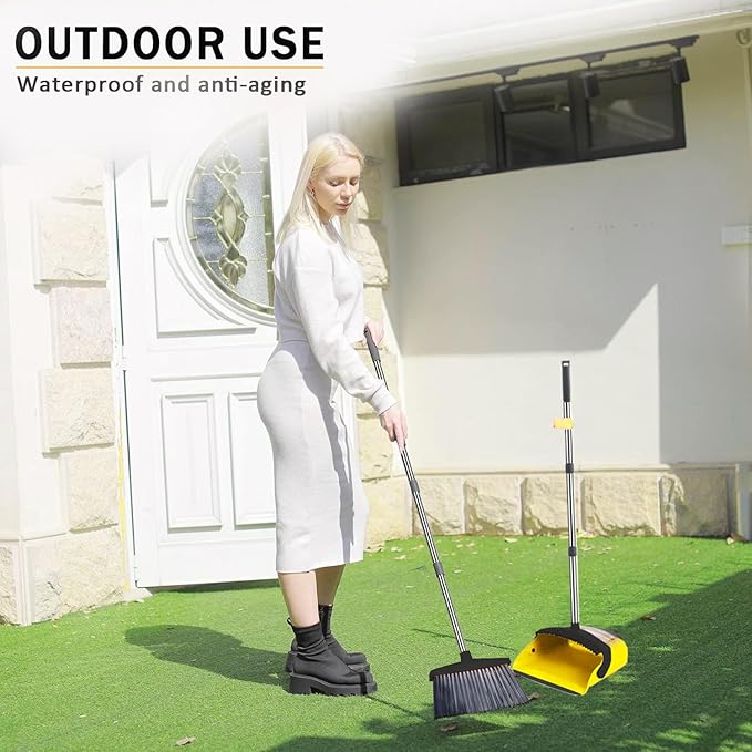 2-Pack is More economical,Brooms with Dustpan Combo Set， with 52" Long Handle, Dustpan Teeth with self-Cleaning Function, Indoor and Outdoor Sweeping, Perfect for Home Office(Large/Yellow /2-Pack).