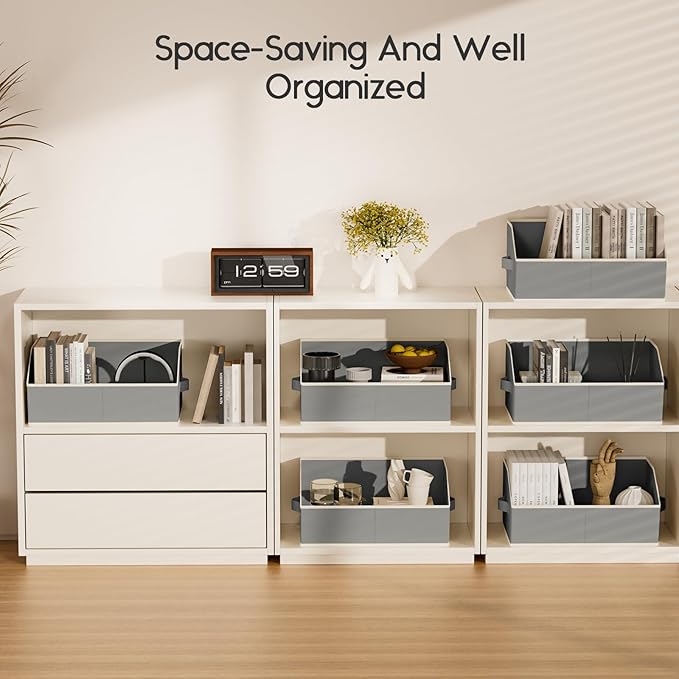Large Closet Organizers and Storage Bins - 8 Pack Trapezoid Storage Baskets for Shelves, Foldable Fabric Baskets with Handles Ideal for Closet, Basket, Wardrobe and Shelf Storage, Grey