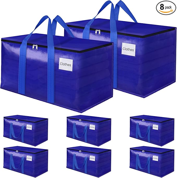 FabSpace Moving Storage Bags, Moving Supplies Packing Boxes for Moving, Camping, College Dorm Room Essentials for Girls, Blue Tote Bags, Heavy-Duty Storage Bins With Lids And Zippers, 125L 8Pack