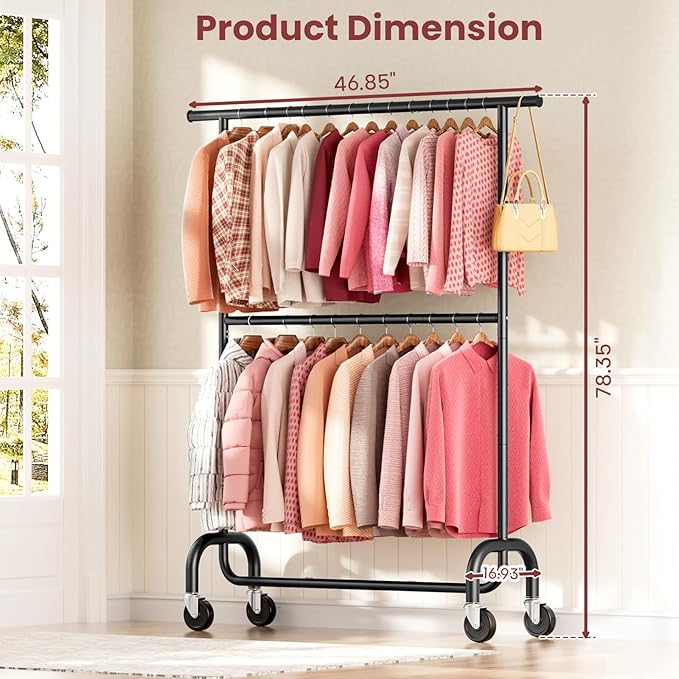 Heavy Duty Clothes Rack, 78.35" Rolling Clothing Rack for Hanging Clothes with Lockable Wheels, 6-Level Adjustable Double Rod Garment Rack for Bedroom, Laundry, Clothing Store, Black