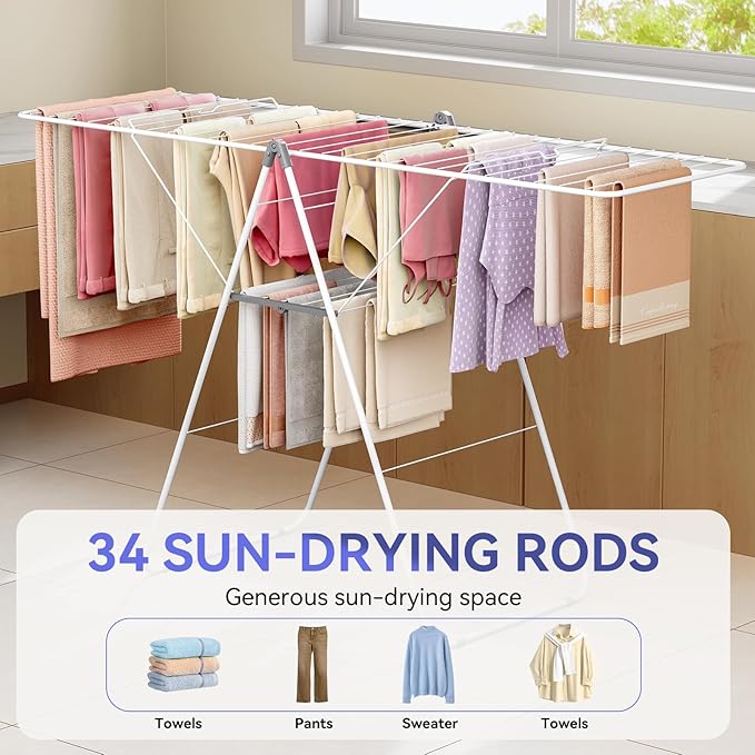 APEXCHASER Clothes Drying Rack, Foldable Oversized Drying Rack Clothing with U-Shaped Foot Cover, Height-Adjustable, Multi-Bar Laundry Rack, Indoor Outdoor Use, 20.47"D x 70"W x 42.52"H, Pearl White