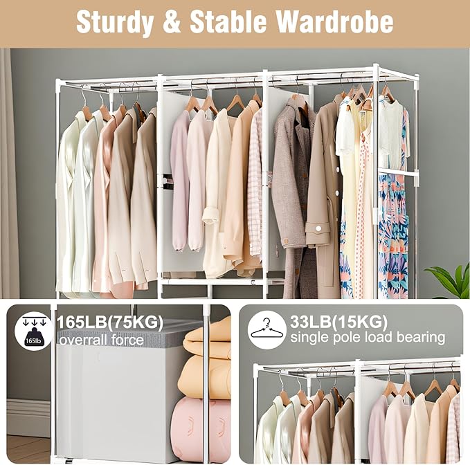 BAOKALER Portable Closet for Hanging Clothes 67 Inch Wide Large Capacity Portable Wardrobe Closet with Cover, Storage Shelves and 3 Hanging Rod, Gray Wardrobe Closet Easy to Assemble and Strong
