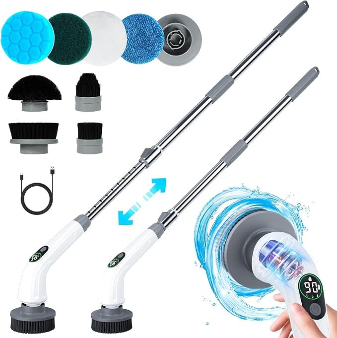 Electric Spin Scrubber, 550 RPM Cordless Home Cleaning Brush with Extended Handle, 3 Speeds, 8 Replacement Heads, IPX7 Waterproof, LCD Display – Power Shower Scrubber for Bathroom, Tub, Floor, Tile