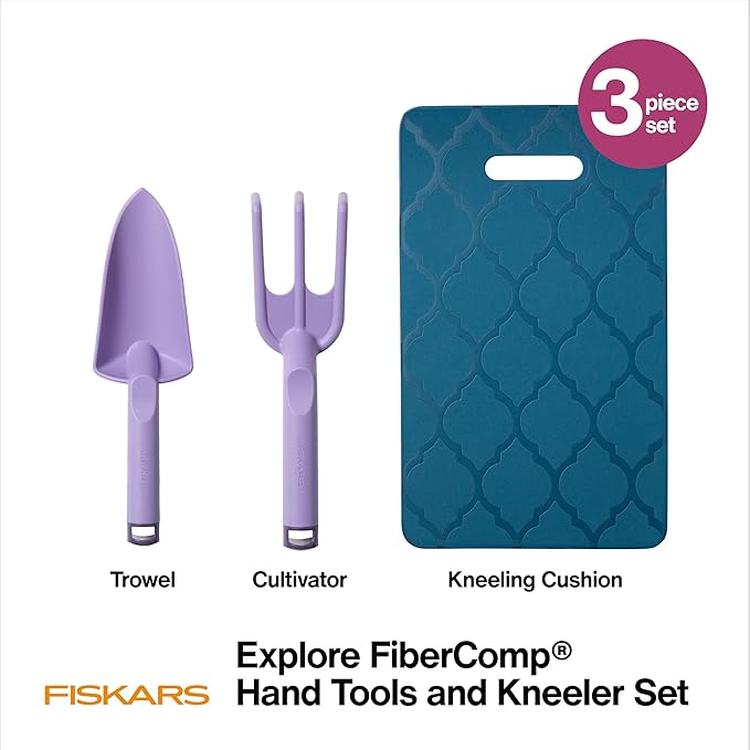 Fiskars 3-Piece Gardening Set, FiberComp Trowel & Cultivator, Dual-Layer Knee Pad, Rustproof Lightweight Design, Explore Collection
