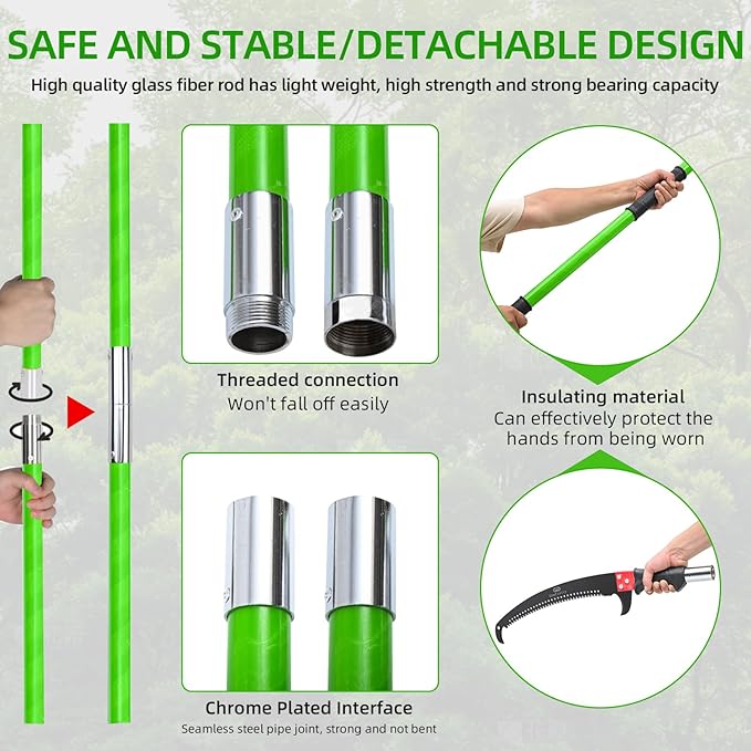Manual Pole Saw for Tree Trimming, 27 FT Manual tree purner with 8 Fiberglass Handles, Sharp steel Blade and Scissors, Easy to Carry and Extendable Design for Tree Maintenance, Green