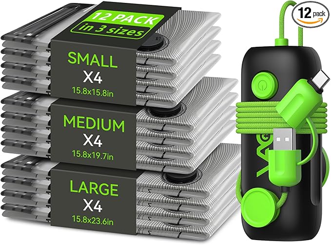 Vacuum Bags for Travel - USB Electric Pump, 12 Pack Carry-on Size Vacuum Seal Bags for Clothing - Space Saver Vacuum Storage Bags for Luggage, Travel Essentials.