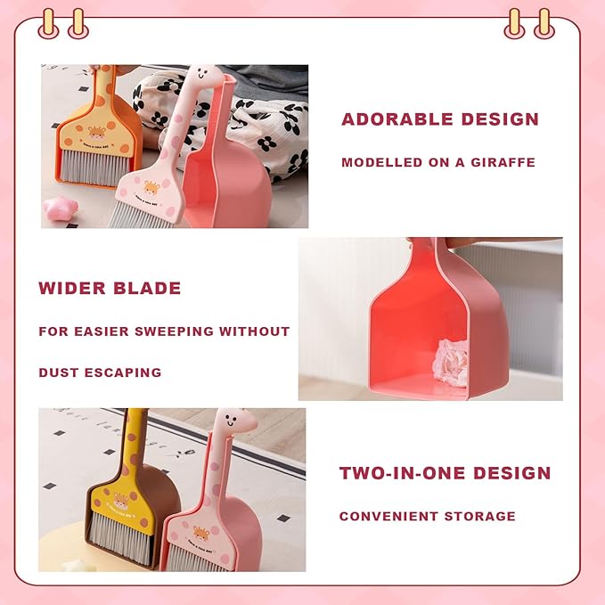 Mini Broom and Dustpan Set Cartoon Small Broom with Dustpan Combo Set Cute Cleaning Kit for Home Office Floor (Pink)