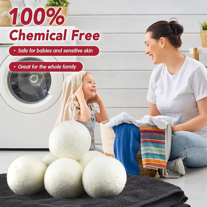 100% New Zealand Wool Dryer Balls XL Size – 6 Pack, Organic & Chemical-Free Fabric Softener, Baby Safe & Hypoallergenic, Reduces Static, Wrinkles & Drying Time, Reusable for 1000+ Loads