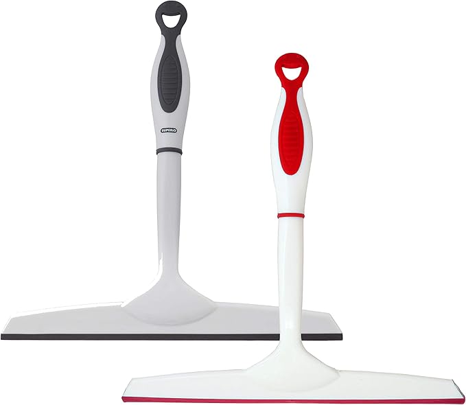 Superio Rubber Squeegee, 2 Pack, Streak Free All Purpose Window Squeegee, Comfort Grip Handle and Hanging Hook (Grey- Red, 10 Inch- 2 Pack)