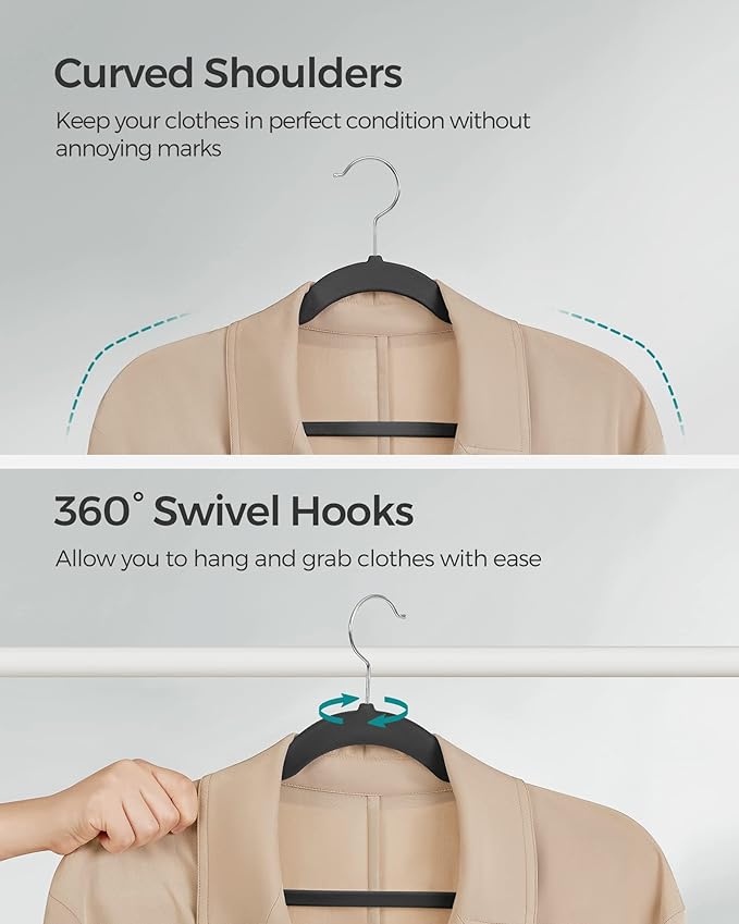 SONGMICS Velvet Hangers 60 Pack, Non-Slip Clothes Hangers with Shoulder Notches, Pants Bar, 360° Swivel Hook, Space-Saving, for Closet, Ink Black UCRF030B01