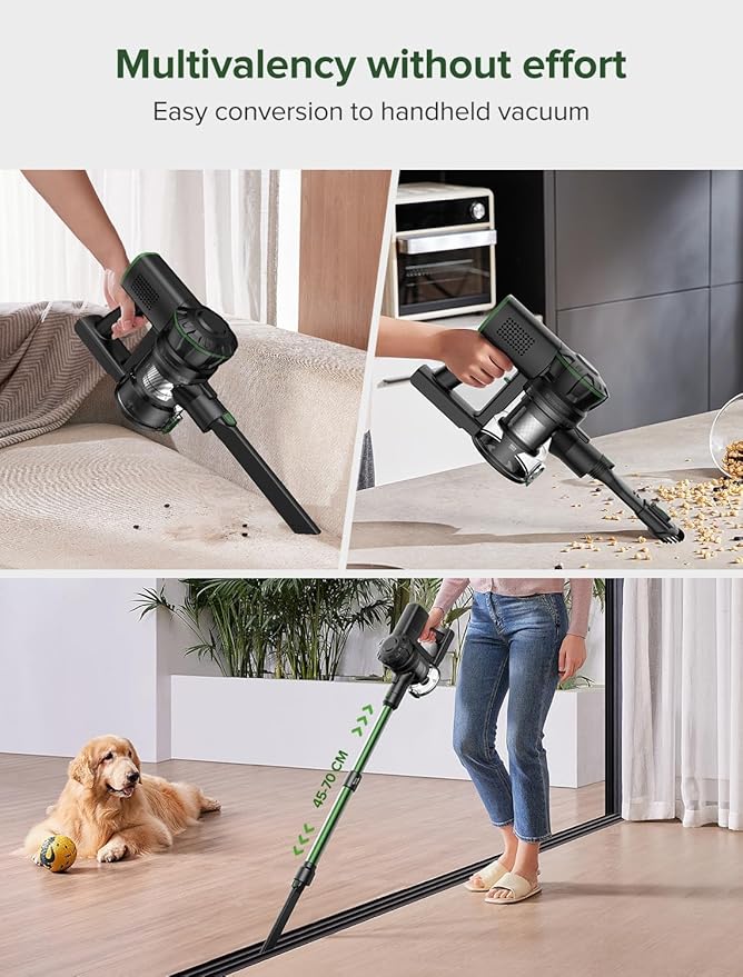 Vexilar Cordless Vacuum Cleaner, 550W/45Kpa/60Mins, Cordless Stick Vacuum Cleaner with Self-Standing and Touch Screen, 6-in-1 Lightweight, Rechargeable Vacuum for Pet Hair Carpet Hardwood (Green)
