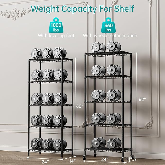 SINGAYE 5 Shelf Storage Wire Shelves Closet Bathroom Organizers Metal Pantry Kitchen Garage Shelving Unit Laundry Room Organization Home Narrow Rack Net Basket with Wheels Black