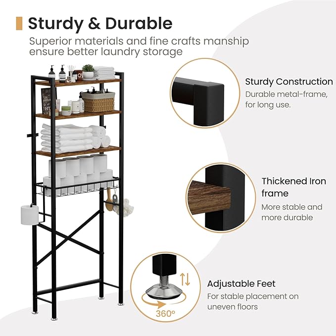 SwaaVee Over The Toilet Storage Cabinet, 4-Tier Bathroom Organizers and Storage with Adjustable Shelves, Freestanding Over-The-Toilet Shelf for Restroom, Laundry, Rustic Brown