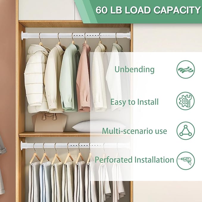 Closet Rod - 17-100 Inches, 1.3 Inch Diameter Heavy Duty Closet Rods Extender Hanging - Metal Matte White Adjustable Clothes Hanging Bar, for Closet, Bathroom, Windows