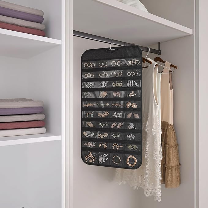 2 Pack Hanging Jewelry Organizer 80-Pocket Dual-sided Jewelry Storage for Earring Necklace Bracelet Ring Travel Holder, Black