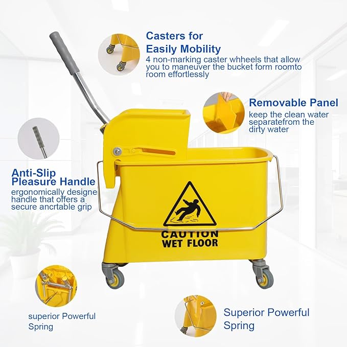 Mop Bucket with Wringer, 22 Qt (5.5 Gallon), Handle, Wheels,Floor Cleaning, 16.5" L x 10.6" W x 26.4" H, Yellow,Add One Cotton Mop