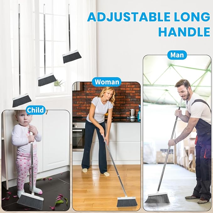Stand Up Dustpan and Broom Set 50” Long Handle Broom with Dust Pan, 20° Angled for Ergonomic Home Office Indoor Sweeping
