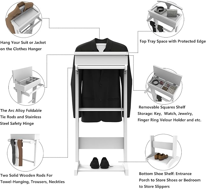 Wooden Valet Stand for Men, Clothing Rack with Top Tray Organizer, Shoe Shelf for Entryway, Bedroom, Office