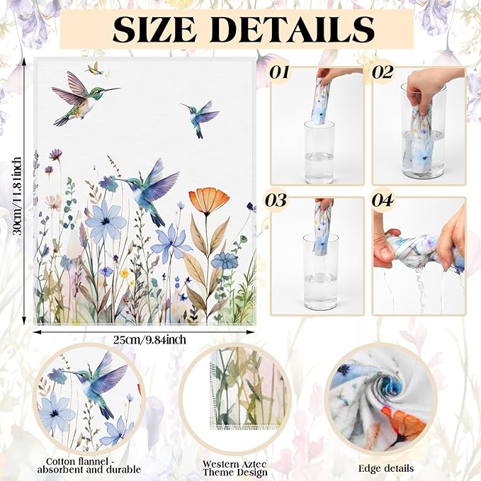 36 Pack Hummingbird Flowers Reusable Cleaning Cloths Washable Cotton Kitchen Towels for Home(Multicolor)