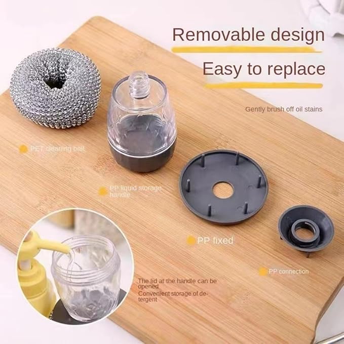 Soap Dispensing Dish Brush Cleaning Steel Wool Scrubber for Dishes Pans Kitchen Sink Bathtub Tile and Household