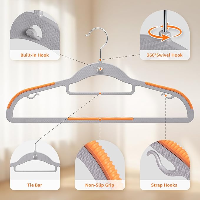 Yolife Cascading Plastic Clothes Hangers 20 Pack with Inner Hook for Vertical Storage, Slim Space Saving Hangers with Non-Slip Pads, 360° Swivel Metal Hook, Versatile, Gray & Orange