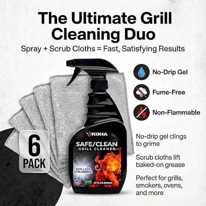 Kona Safe/Clean Grill Cleaner Spray, 23 oz + 6 Stainless Steel Scrub Cloths Bundle, No-Drip Gel Degreaser for Grill Grates, Griddles, Oven, Stainless Steel