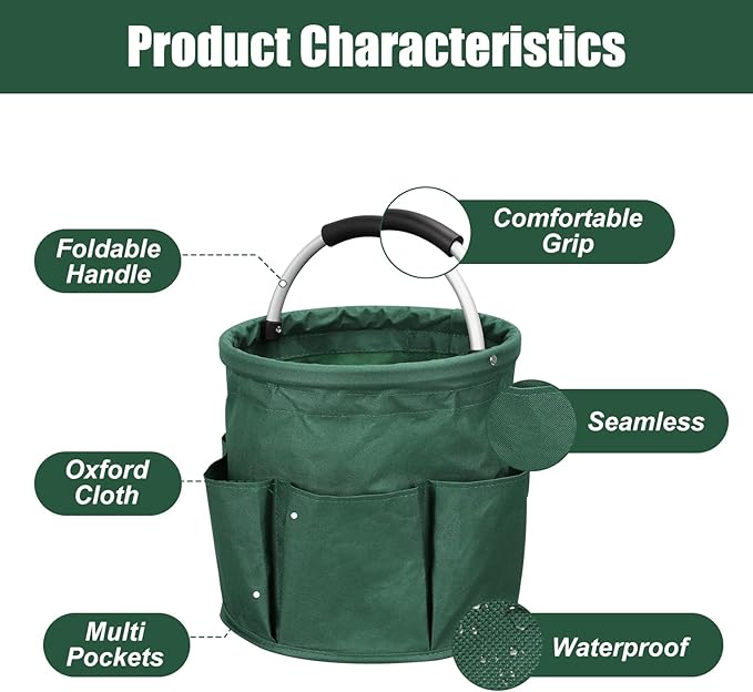 Qivine 17L Cleaning Caddy with Handle, Cleaning Supply Caddy, Foldable Tool Bag Cleaning Products Organizer, Portable Cleaning Bucket Caddy for Cleaning Supplies (Green)