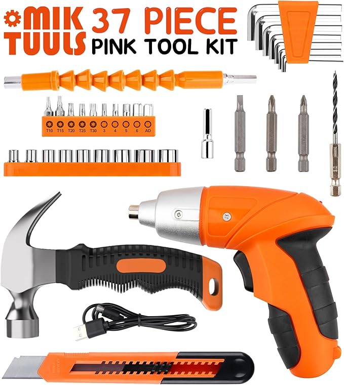 Electric Screwdriver 37pc Tool Set, Cordless & Rechargeable 3.6V Small Power Screwdriver Home Kit Set with Compact Hand Tool Box, Orange