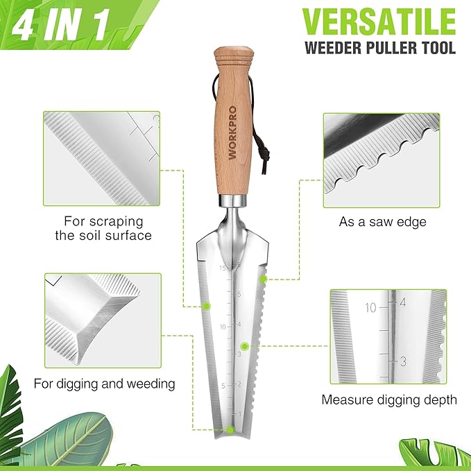 WORKPRO Garden Trowel with Wood Handle, Stainless Steel Narrow Hand Shovel, Multi- Use Flat Garden Trowel for Planting, Weeding, Transplanting, Digging, Small Weeding Knife for Gardening