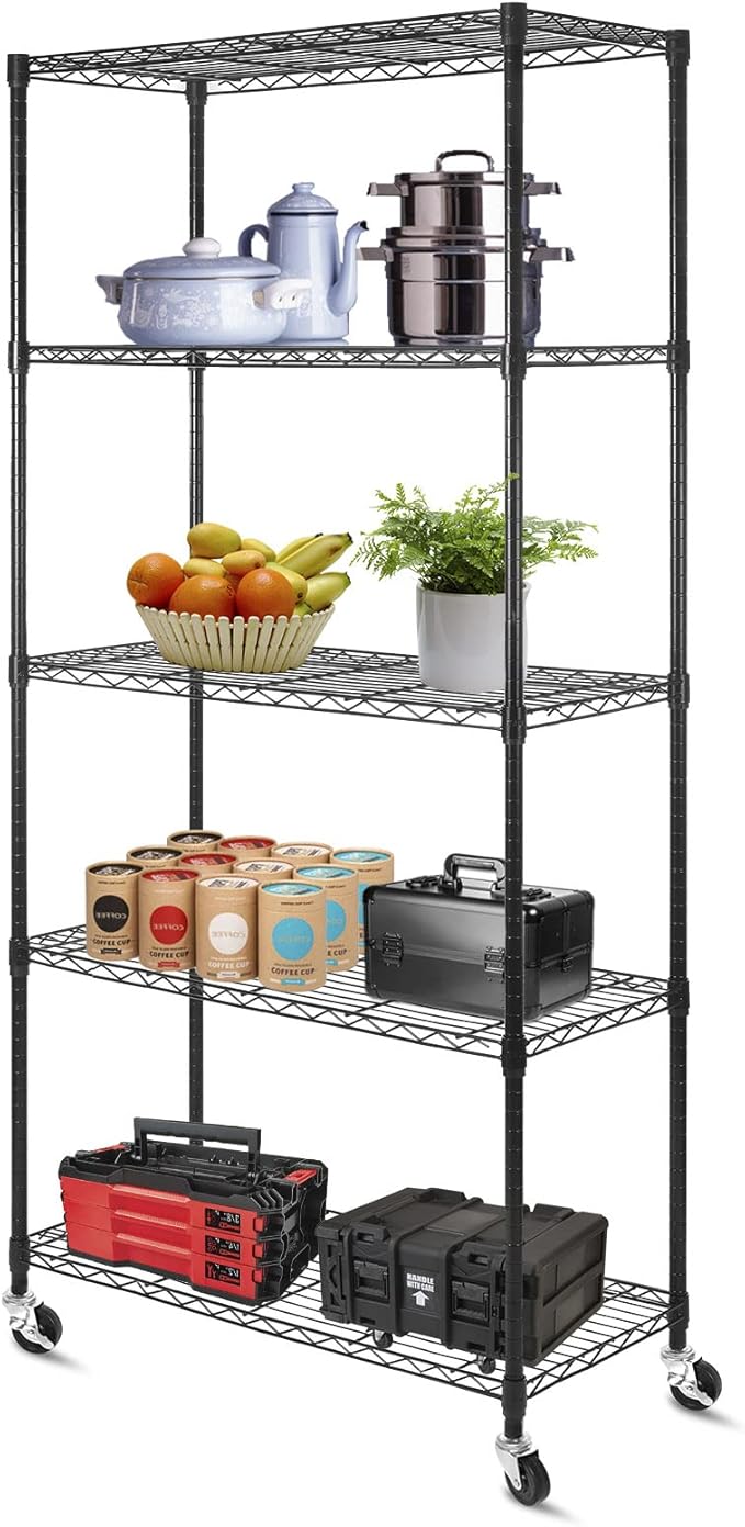 WDT 5 Tier Shelf Shelving Unit with Wheels,Adjustable Metal Shelves for Storage, NSF Wire Shelving Rack,350lbs Loading Capacity Per Shelf Storage Shelves for Kitchen Garage, 36" D x 16" W x 75" H