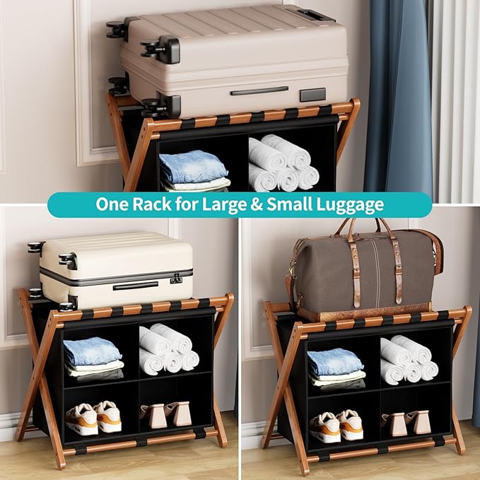 Bamboo Luggage Rack 2 Pack with 4 Storage Compartments, Foldable Suitcase Stand for Guest Room, 150lbs Capacity, Sturdy, Space-Saving and Easy to Assemble Organizer