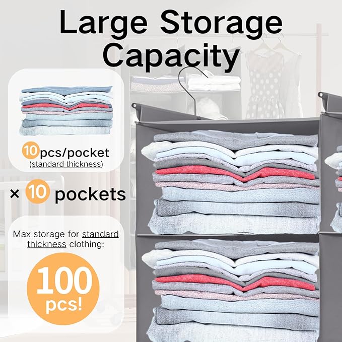 ALLTIDYUP Grey 5-Tier Hanging Closet Storage Organizer - Space-Saving Dual-Row Foldable Shelves with 3 Hooks, Wardrobe Organizer for Dorm, Bedroom, Clothes and Accessories
