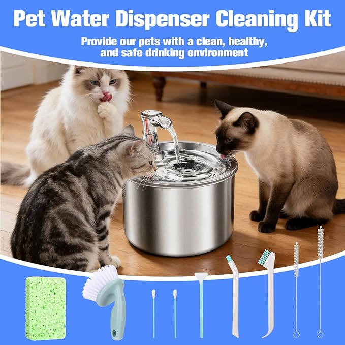 XANGNIER Water Fountain Cleaning Kit,Dog and Cat Water Fountain Cleaner Brushes Kits,Pet Drinking Dispenser Washing Kit with Sponge Wipe,Handle Brush,Crevice Brush,Cotton Swab,Storage Bag,10 Pcs