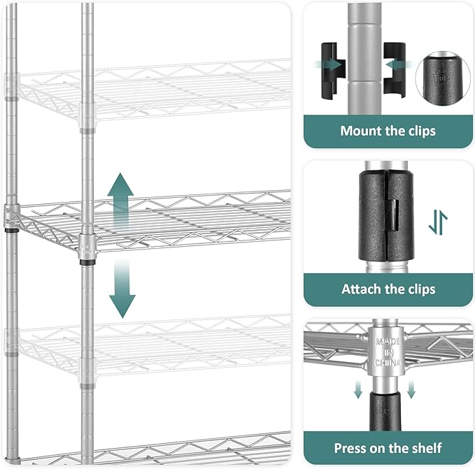 Homdox 6-Tier Storage Shelf Wire Shelving Unit Free Standing Rack Organization with Caster Wheels, Stainless Side Hooks, Silver Gray | Rack Organization, with Caster Wheels, Stainless Side Hooks
