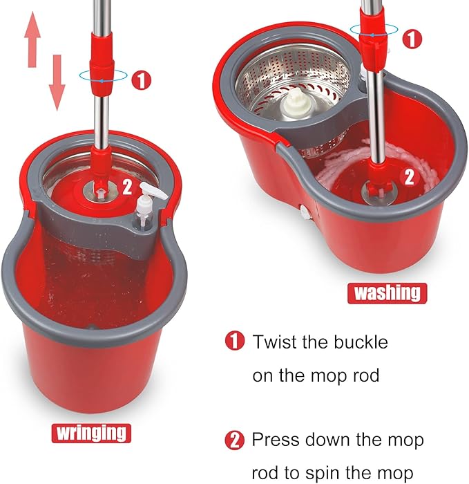 360 Mop and Bucket Set, Spin Mop Bucket with Wringer, Microfiber 3 Mop Replacement Heads, Mops for Floor Cleaning, Mop with Bucket (Red)