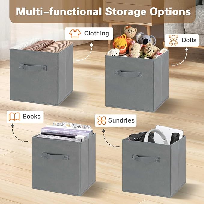 GhvyenntteS Storage Cubes, 11 Inch Cube Storage Bins with Dual Handles, Collapsible Fabric Storage Bins for Shelves, Storage Baskets for Organizing Clothes, Bedding, Toys, Books (6 Pack, Gray)