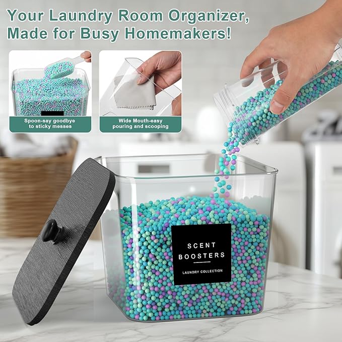 POLRAI 4 Pack Laundry Pod Containers and Dryer Sheet Holder Clear Jars with Bamboo Lids and Labels Laundry Room Organization Containers for Scent Booster Powder Detergent Pods Storage