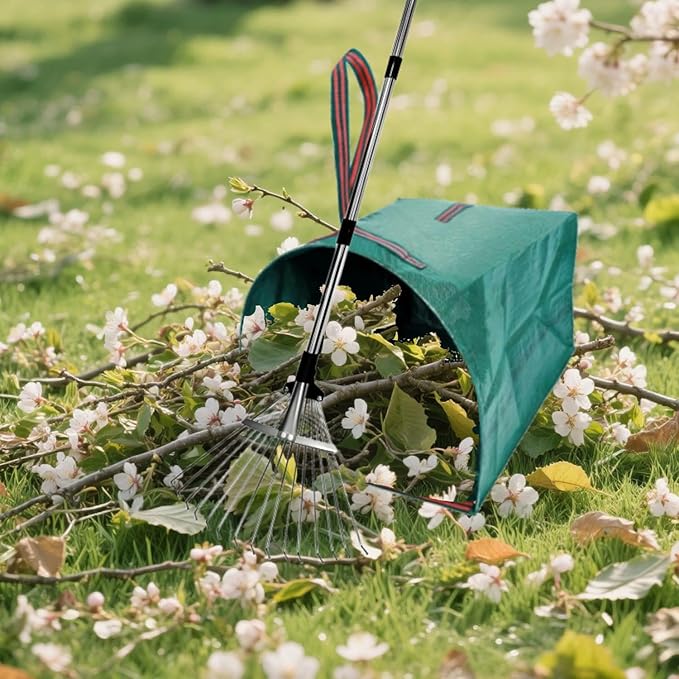 Leaf Rake for Lawns with 53 Gallon Dustpan-Type Leaf Bags,Heavy Duty Metal Garden Yard Rake Long Handle with Expandable Head 7-14" for Gardening Outdoor Camping Shrub Grass Bush Weed