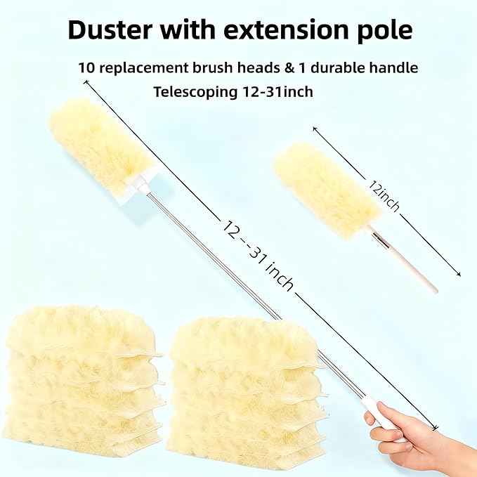 Heavy Duty Duster Refills, Disposable Dusters Kit for Cleaning Dusting Furniture Blind Ceiling Fan, Multi Surface 360 Feather Duster(10)+3FT Extended Handle（1） (Yellow)