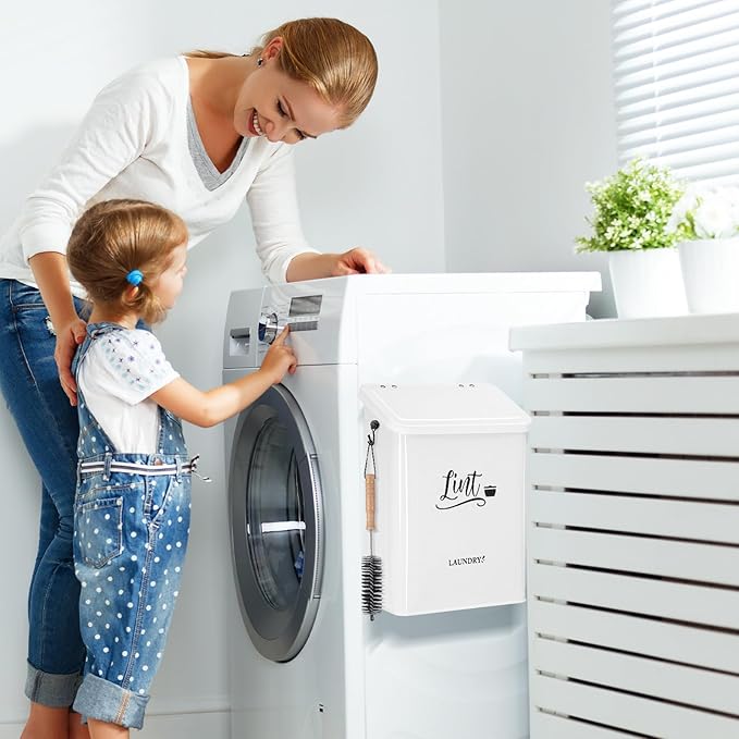 CINPIUK Magnetic Lint Bin for Laundry Room with Brush & Hook - Large Laundry Organizer and Storage, Wall Mounted Trash Can with Lid, Space-Saving Dryer Lint Holder Laundry Room Decor, White