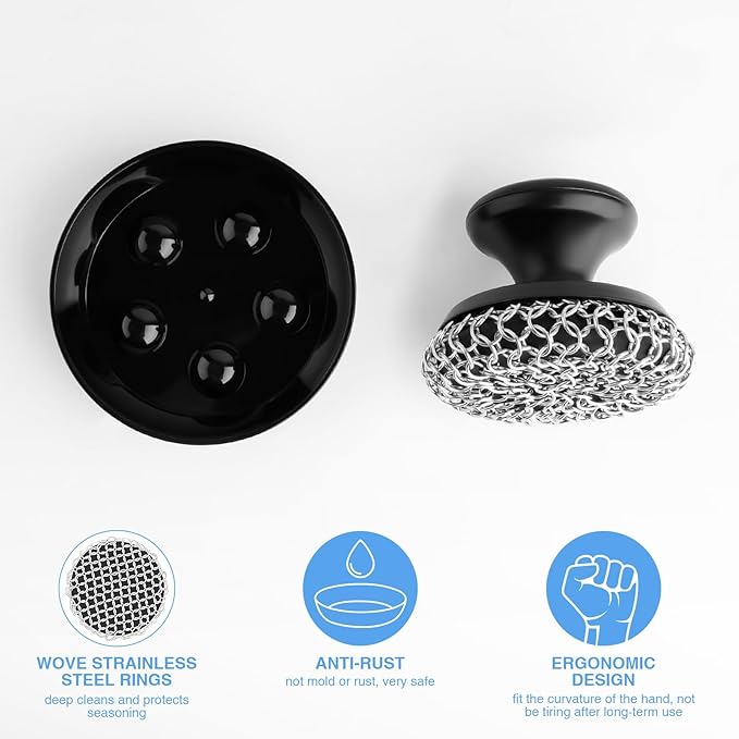 2PCS Cast Iron Scrubber Cleaner, Chainmail Scrubber for Cast Iron Pan Skillet, Dish Scouring Pad, 316 Stainless Steel Brush/Scraper for Metal Skillet Scrubbing, Wok, Dutch Oven Cleaning Kit - Thick