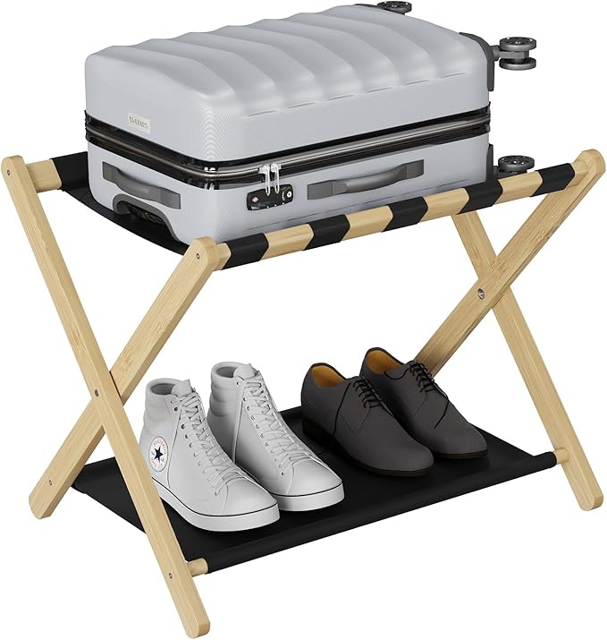 Smuxee Natural Bamboo Luggage Rack for Guest Room, Foldable Suitcase Stand with Storage Shelf, Easily Assembled Luggage Stand with 5 Nylon Straps for Guest Room Bedroom Hotel