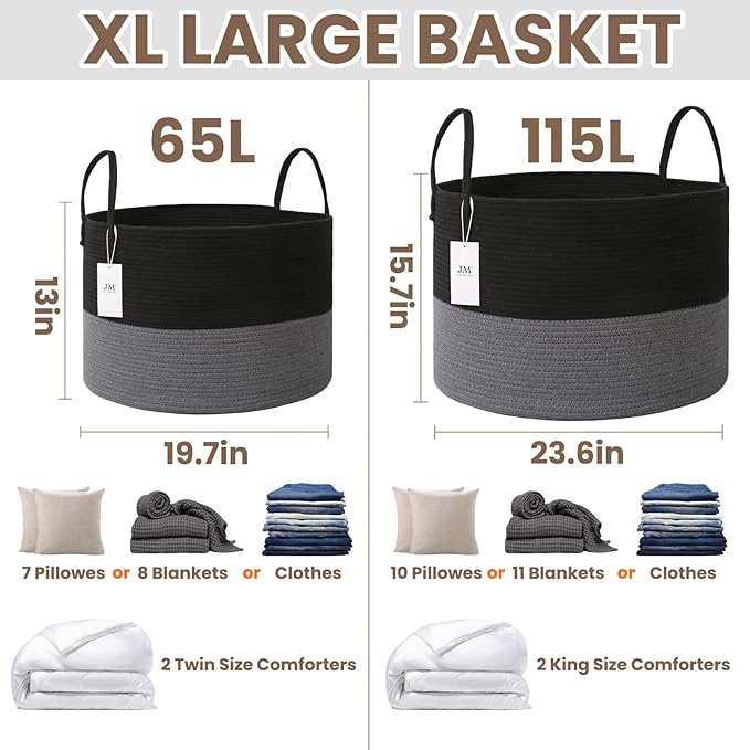 JMvicyroam 115L Extra Large Blanket Basket for Living Room - Woven Cotton Rope Laundry Hamper with Reinforced Handles - Storage Bin for Pillows, Comforters & Toys - Machine Washable, Black&Grey