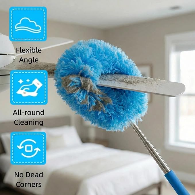 Ceiling Fan Cleaner Duster - Reusable Microfiber Ceiling Fan Blade Cleaner, Long Handle, Dust-Locking, Reusable, Bendable Head Attachment with Soft Grip for Ceiling Fan & High Furniture Surfaces