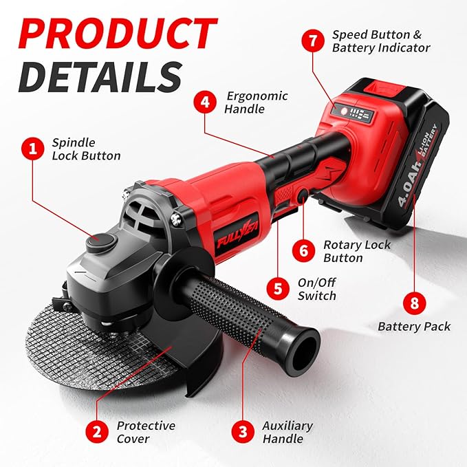 Cordless Angle Grinder 4-1/2 inch, 3-Speed Adjustable, 10000 RPM Electric Angle Grinder Portable with 2*4.0Ah Batteries & 3 Wheels, Battery Powered Grinder Tool Kit for Wood/Metal/PVC Cutting