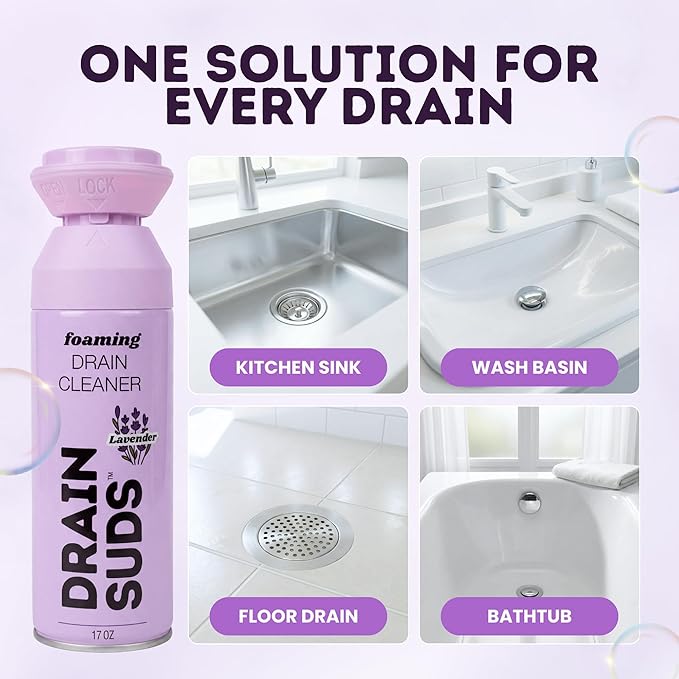 Foaming Drain Cleaner, Sink Cleaner and Deodorizer, Drain Clog Remover for Kitchen Sinks, Bathrooms, Shower Drains, Tubs, Washbasin, Clogged Pipe Opener, Lavender, 2 Pack