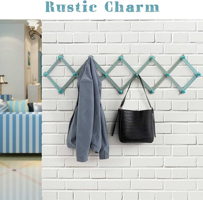 SCUNDA Beachy Coastal Wall Rack with 16 Hanging Hooks, Beach Decorations for Home, Nautical Style Wall Mounted Wood Coat Rack(Rustic Blue)